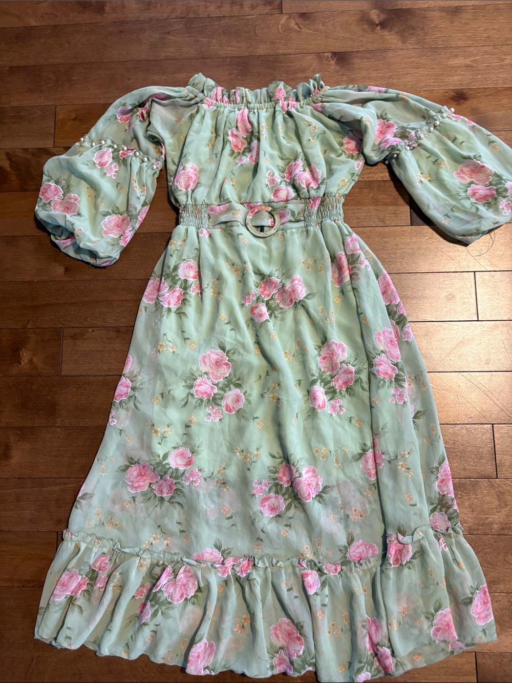 Off the Shoulder Floral Ruffled Skirt - Mint Green with Pink Roses